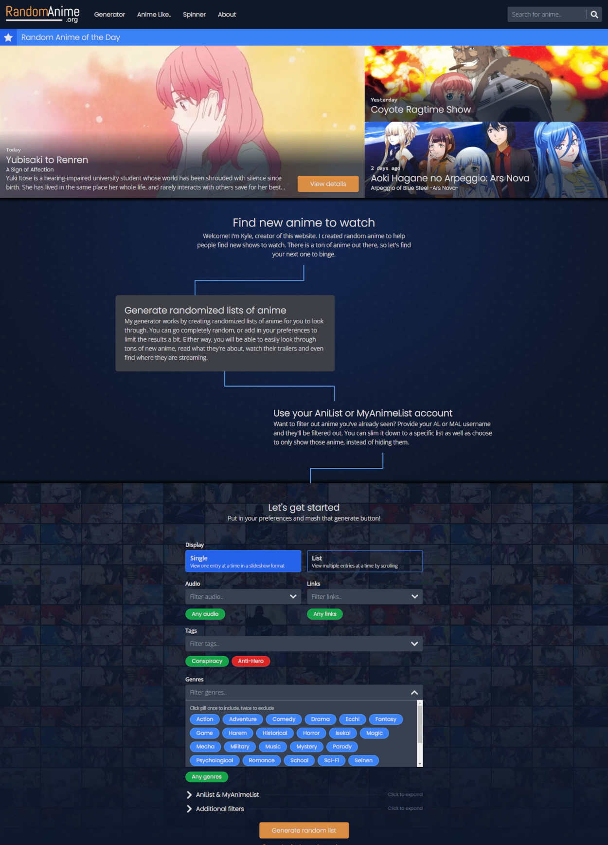 RandomAnime.org home page showing the anime of the day, an about section, and generator form