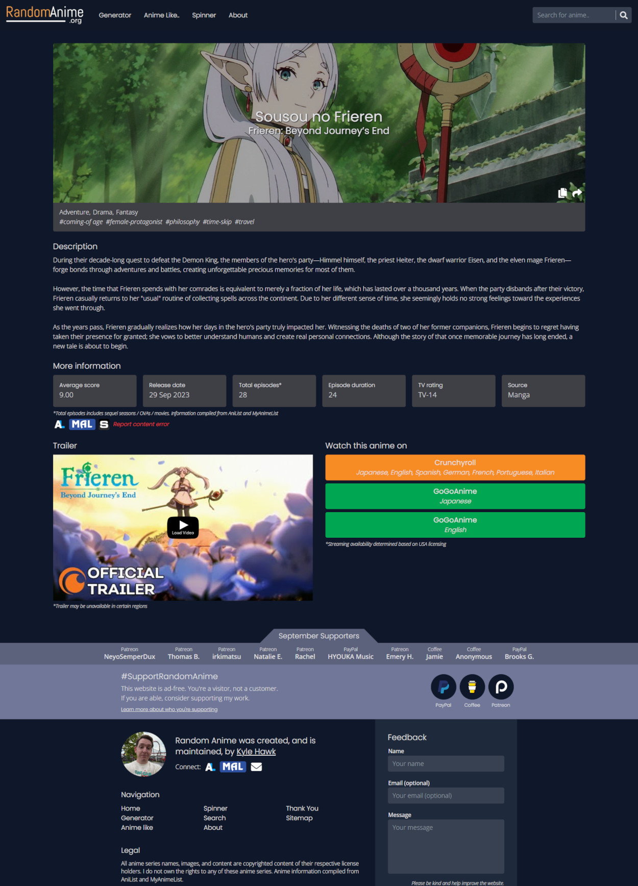 An example anime page on RandomAnime.org for the anime Frieren showing an image of the show, description and other information